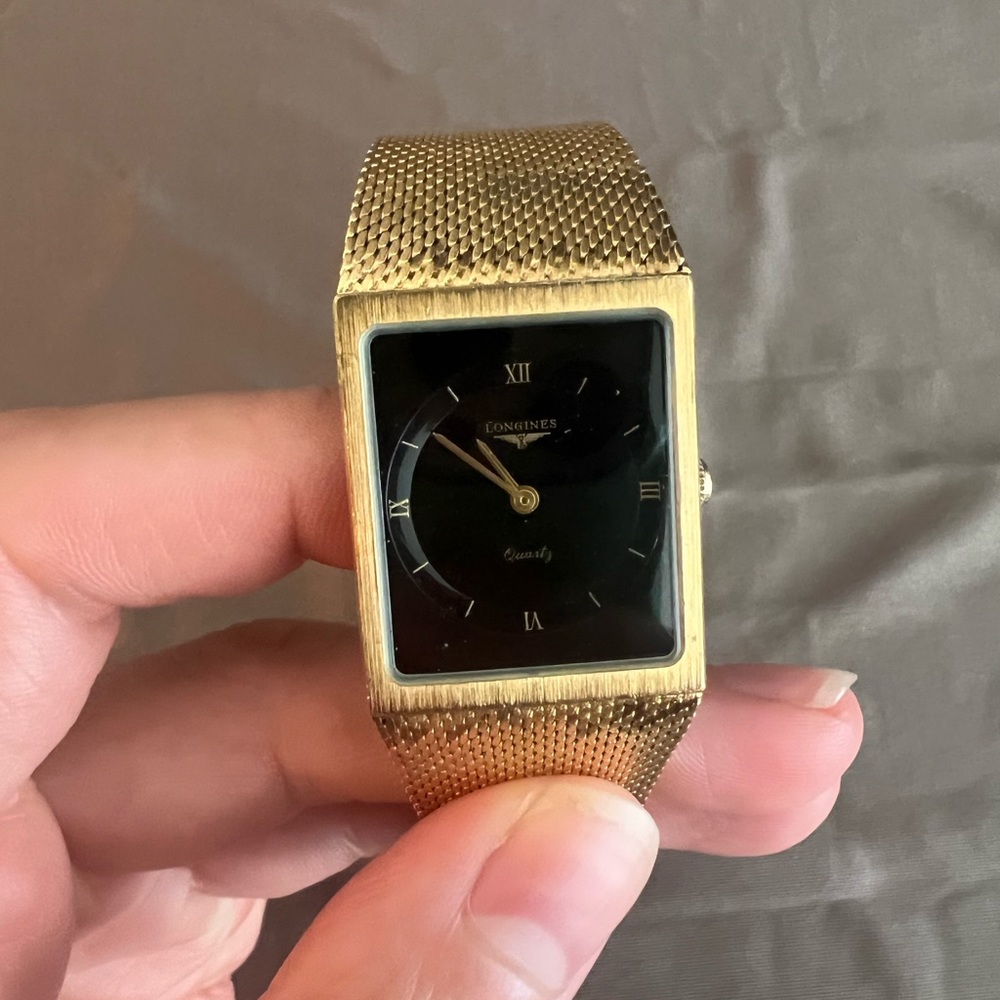 Longines 1981 Gold Tone Mirage MVMT L960-2 Vintage Tank Watch 50.0g. Black dial